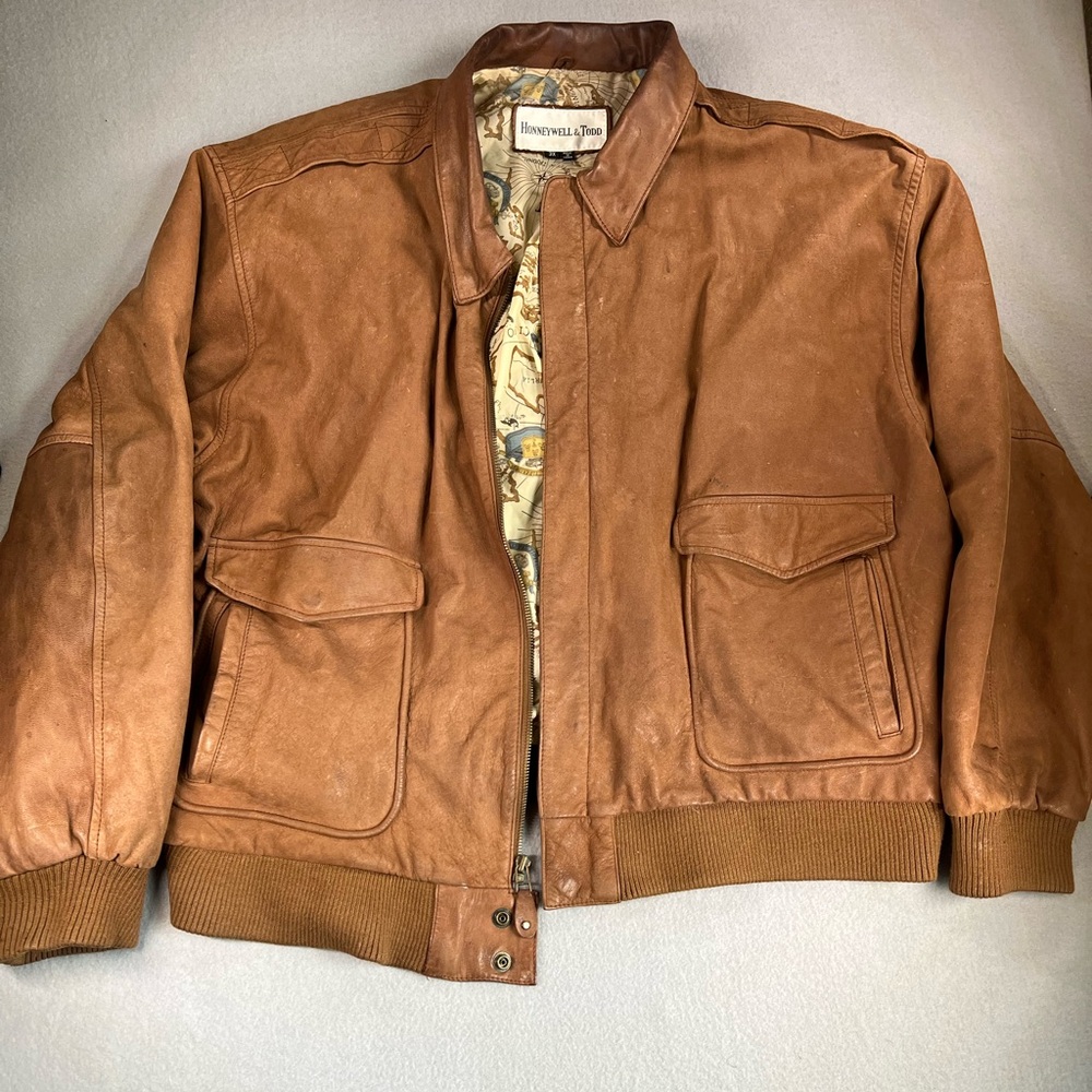 Vintage Honneywell & Todd Leather Bomber Jacket Map Lining Womens 3X  Runs Small